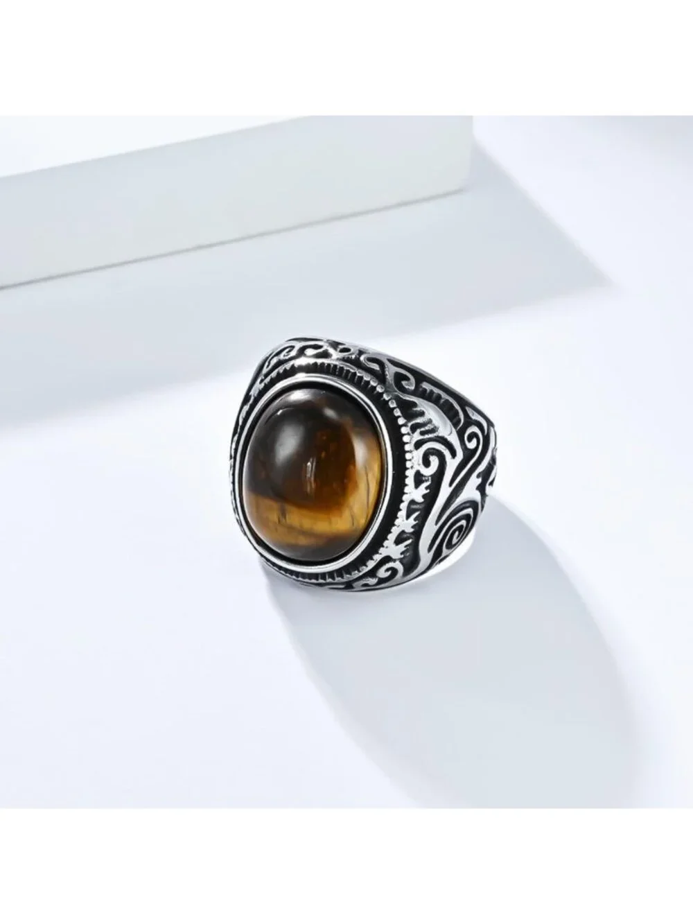 Vintage Retro Tiger Eye Stone Signet Ring for Men & Women - Engraved Stainless